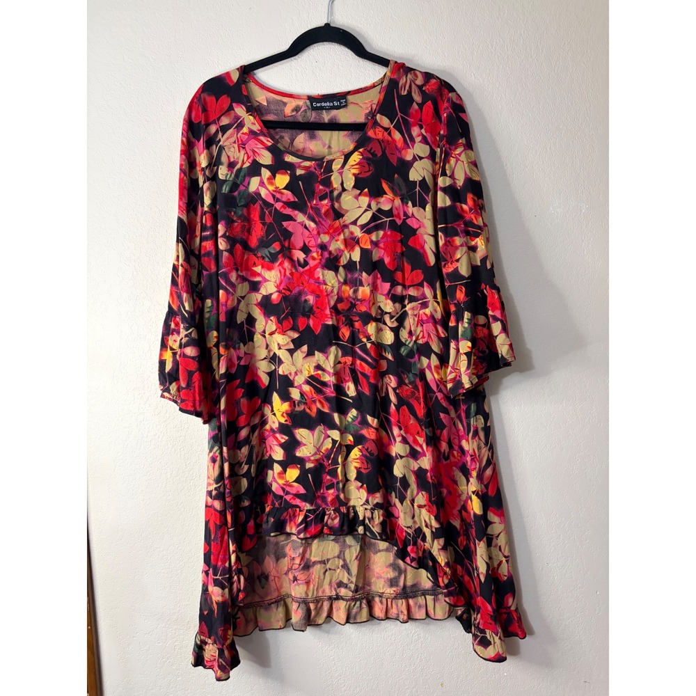 Cordelia St Womens Floral Leaf Print High Low‎ Ruffle Tunic Top Red Black Sz 14